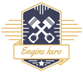 vector logo of car customizing club with crossed pistons, ribbon and text; tuning motors garage insignia