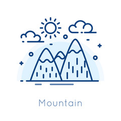 Mountains and sky on white background. Thin line flat icon for design logo. Vector