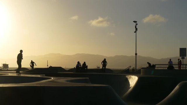 famous venice beach sunset light skatepark panorama 4k los angeles usa
