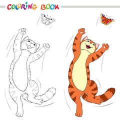 Coloring book or page. Red cat jumping over the butterflies on white background. Vector illustration.