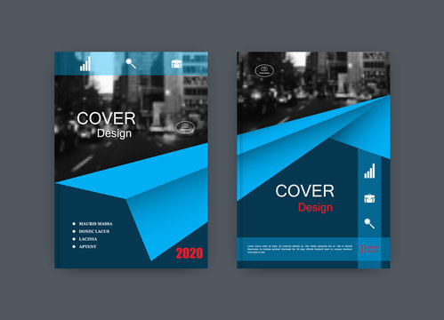 Creative book cover design. Abstract composition with city street image. Set of A4 brochure title sheet. Dark blue colored geometric shapes. Interesting vector illustration.