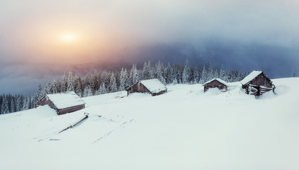 chalets in the mountains at sunset. Carpathian. Ukraine Europe