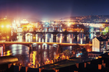 Evening View of The Vltava River and Bridges in Prague