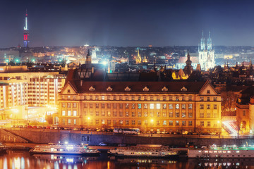 Fototapeta na wymiar Evening View of The Vltava River and Bridges in Prague
