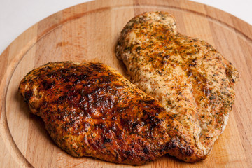 fried chiken at wooden plate
