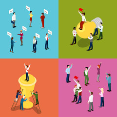 Isometric Business People. Motivation, Communication and Leadership Concept. Vector 3d flat illustration