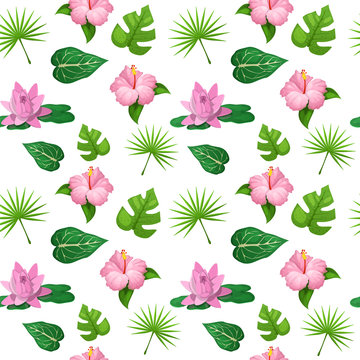 Tropical Flowers and Leaves Seamless Pattern