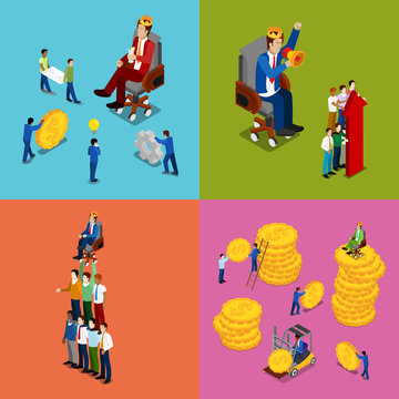 Isometric Business People. Team Work, Money Investment and Financial Success Concept. Vector 3d flat illustration