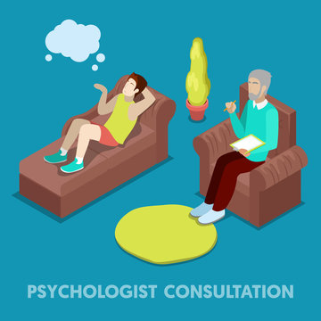Isometric Psychologist Consultation. Man on Psychotherapy. Vector 3d flat illustration