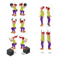 Isometric Women on Crossfit Gym Workout and Exercises. Vector 3d flat illustration