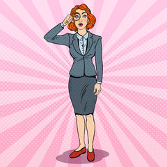 Pop Art Amazed Business Woman with Magnifier. Vector illustration