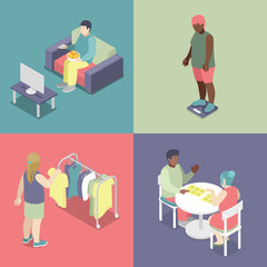 Isometric Fat People Set. Unhealthy Eating Concept. Vector 3d flat illustration