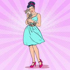 Pop Art Young Beautiful Woman Embracing Cat. Vector illustration