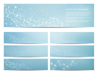 Set of modern scientific banners. Molecule structure DNA and neurons. Abstract background. Medicine, science, technology, business, website templates. Scalable vector graphics.