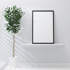 Poster frame mockup with green home flovers. 3d rendering