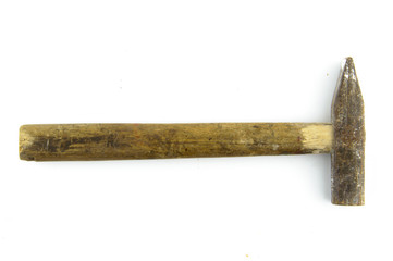 Old hammer with a wooden handle isolated on white background
