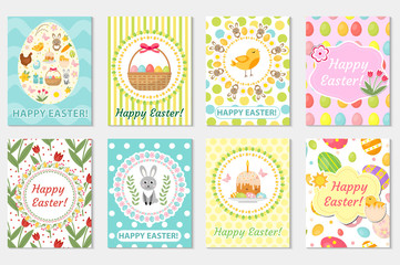 Happy Easter greeting card collection, flyer, poster. Spring cute set of templates for your design. Vector illustration.