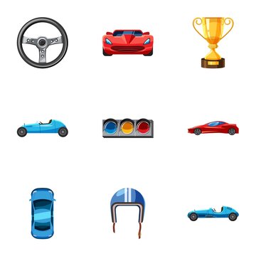Racing and competition icons set, cartoon style