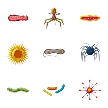 Bacteria icons set, cartoon style