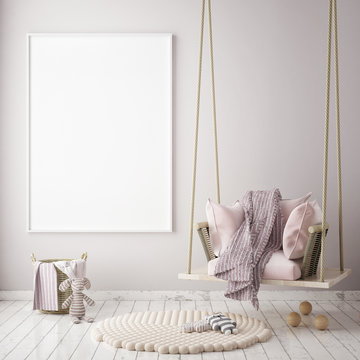 mock up poster frame in children bedroom, scandinavian style interior background, 3D render, 3D illustration
