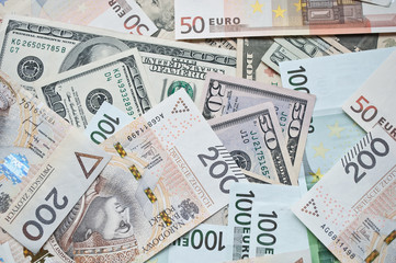 Fototapeta na wymiar Polish zloty, euro and dollar background