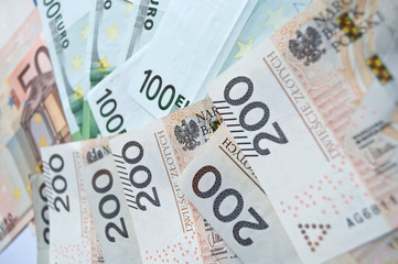Polish zloty, euro and dollar background
