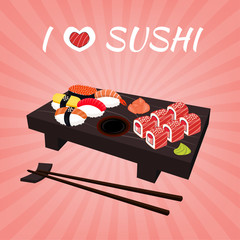 Sushi Set. Set of rolls and sushi with chopsticks.
