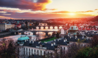 Fototapeta na wymiar Beautiful Panoramic View of Prague Bridges on River Vltava
