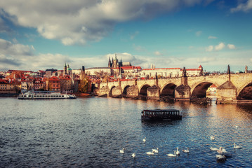 view of the Charles Bridge which crosses the River Vltava