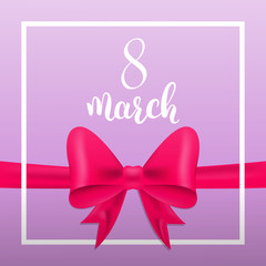 Women`s Day greeting card. 8 March holiday background. Tulips bouquet and calligraphy