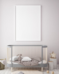 mock up poster frame in children bedroom, scandinavian style interior background, 3D render, 3D illustration
