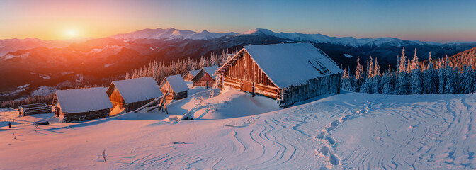 Fantastic winter landscape, the steps that lead to the cabin