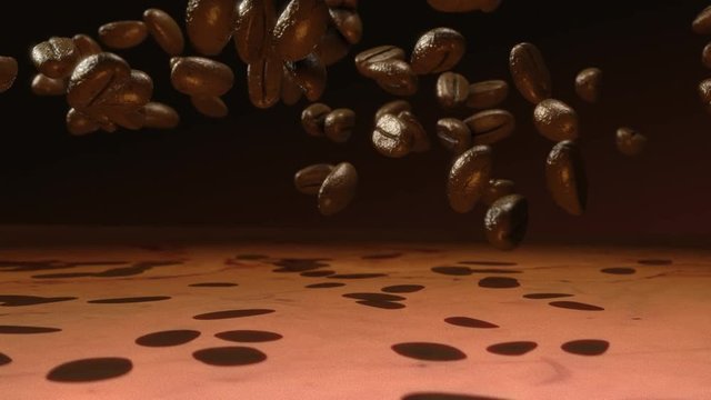 4k Coffee Beans bouncing on a marble table top. Super slow motion. Close up, camera dolly movement. 