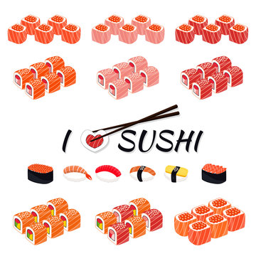 Sushi Set. Set of rolls and sushi with chopsticks.