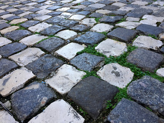 Fototapeta premium Black and white checkered cobblestone ground with green weeds growing in between. With space for text.