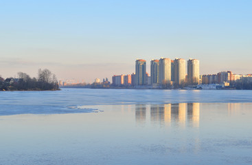 Naklejka premium View of Neva river and microdistrict Ribatskoe on the outskirts of St. Petersburg, Russia.