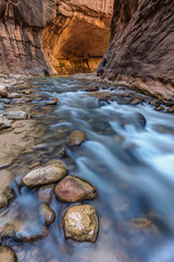 Canyon Glow River Flow, The Virgin River flowing gently in the Narrows of Zion National Park, Utah