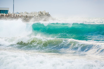 Fototapeta premium Blue wave in ocean. Ocean swell. Sea and city