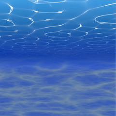 Vector underwater background illustration with water waves. Blue underworld realistic backdrop. Ocean or sea floor