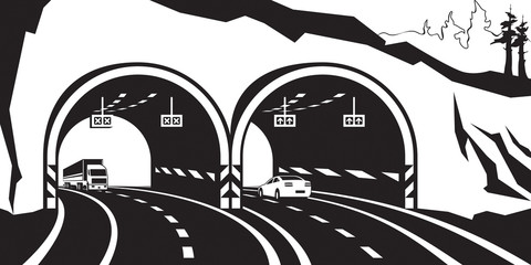Highway tunnel in the mountains - vector illustration