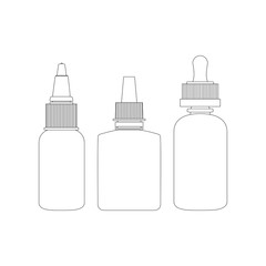Isolated vape bottles thin line art, outline set with liquid or aroma. Electronic cigarette accessorize, icons for vaporizer design