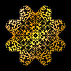 Golden indian mandala circle pattern on the black background.