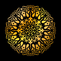 Golden indian mandala circle pattern on the black background.