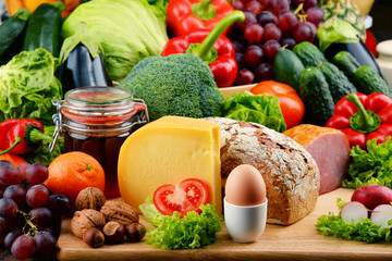 Organic food including vegetables fruit bread dairy and meat