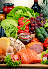 Organic food including vegetables, fruit, bread, dairy and meat