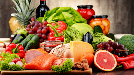 Organic food including vegetables, fruit, bread, dairy and meat