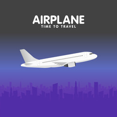 Airplane in the sky. Urban city silhouette background. Vector illustration