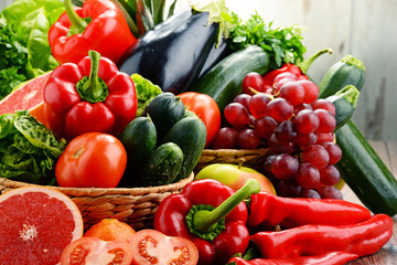 Composition with variety of fresh vegetables and fruits
