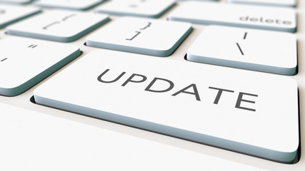 White computer keyboard and update key, shallow focus. Conceptual 3D rendering