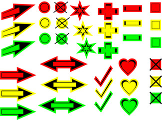 Sammlung von bunten Pfeilen, Herzen, Plus und Minus, Haken, Auswahlfeldern (Chekmarks) in den Farben der Ampel rot, gelb, grün
